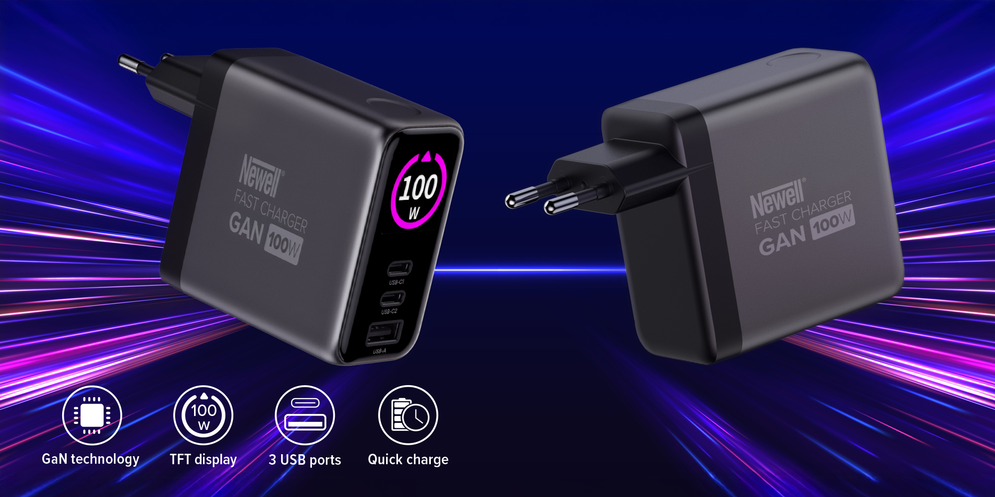 Ładowarka sieciowa Newell GaN 100 W TFT - EU